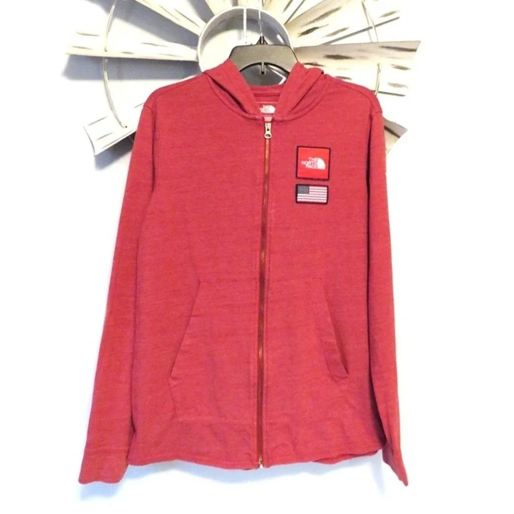 The North Face Men's Medium Zip Hoodie Red Heather Never Stop Exploring USA Flag